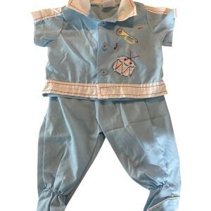 VTG Cradle Togs Blue Musical Embroidered Footie Set - Drum & Horn - 1970s